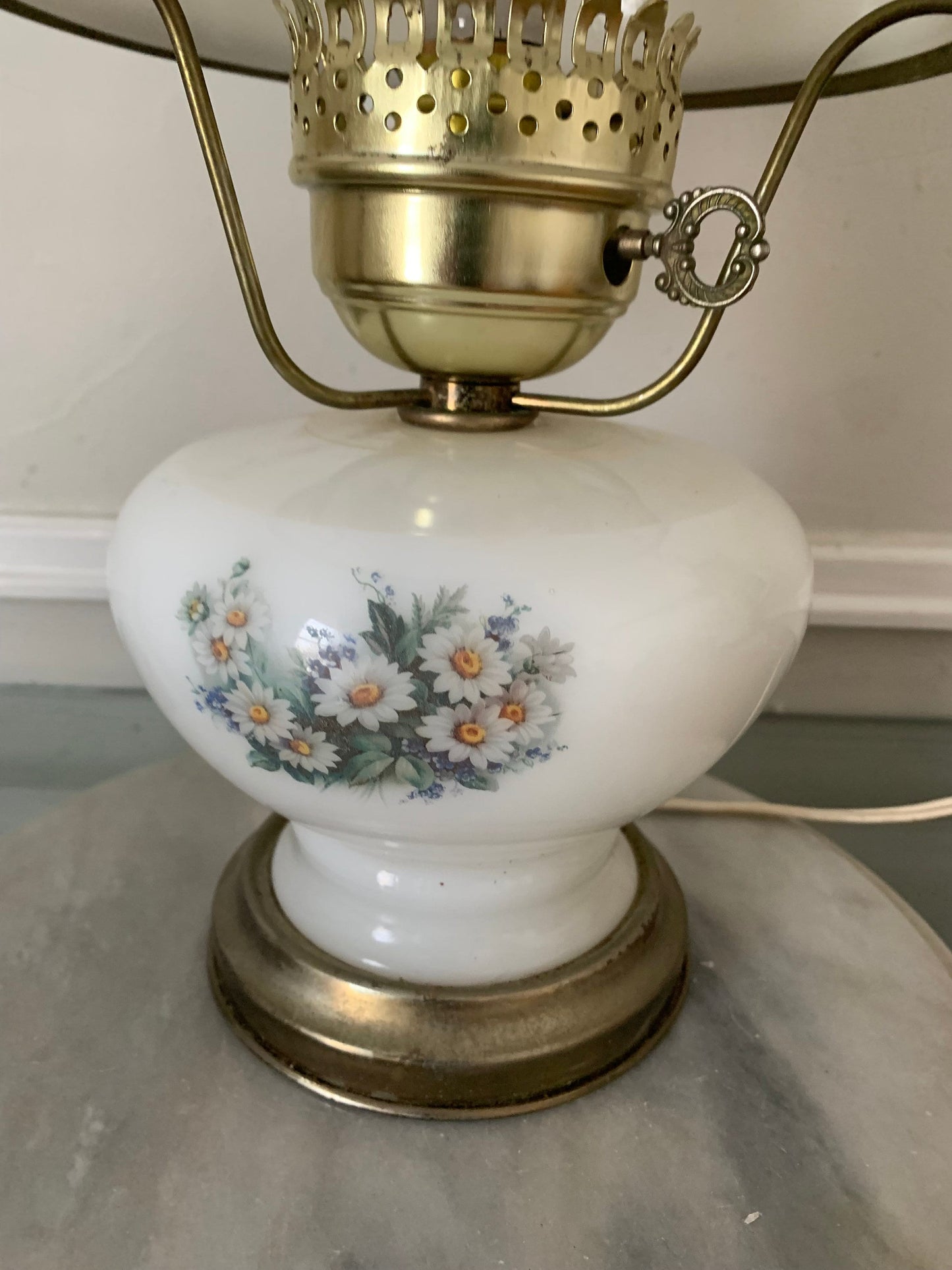 Vintage Milk Glass Lamp Hurricane Shade with Daisies and Brass Base