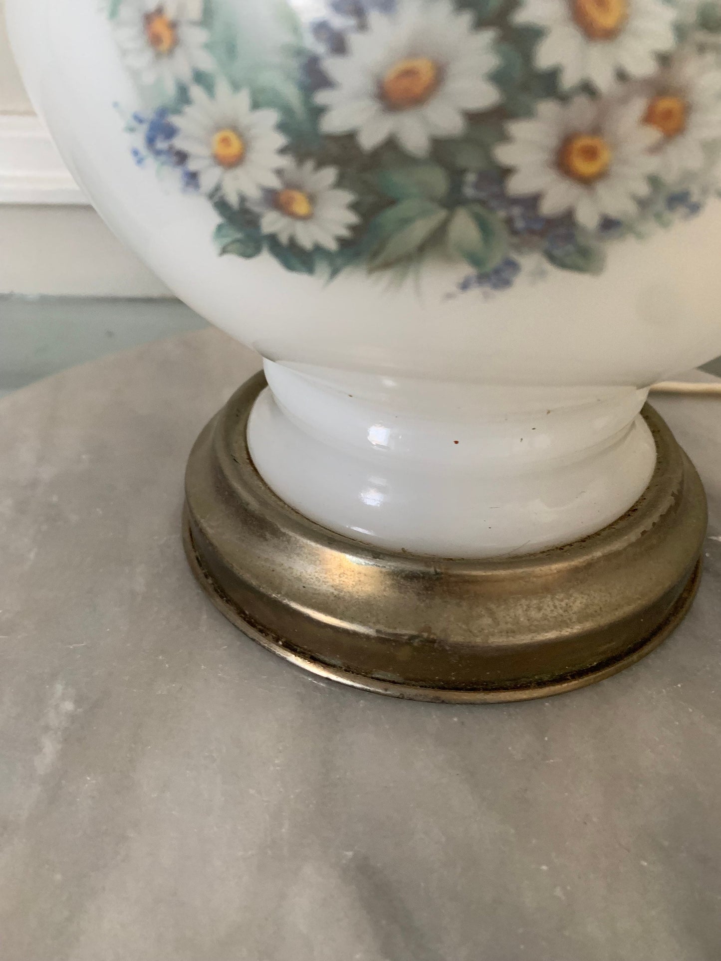 Vintage Milk Glass Lamp Hurricane Shade with Daisies and Brass Base