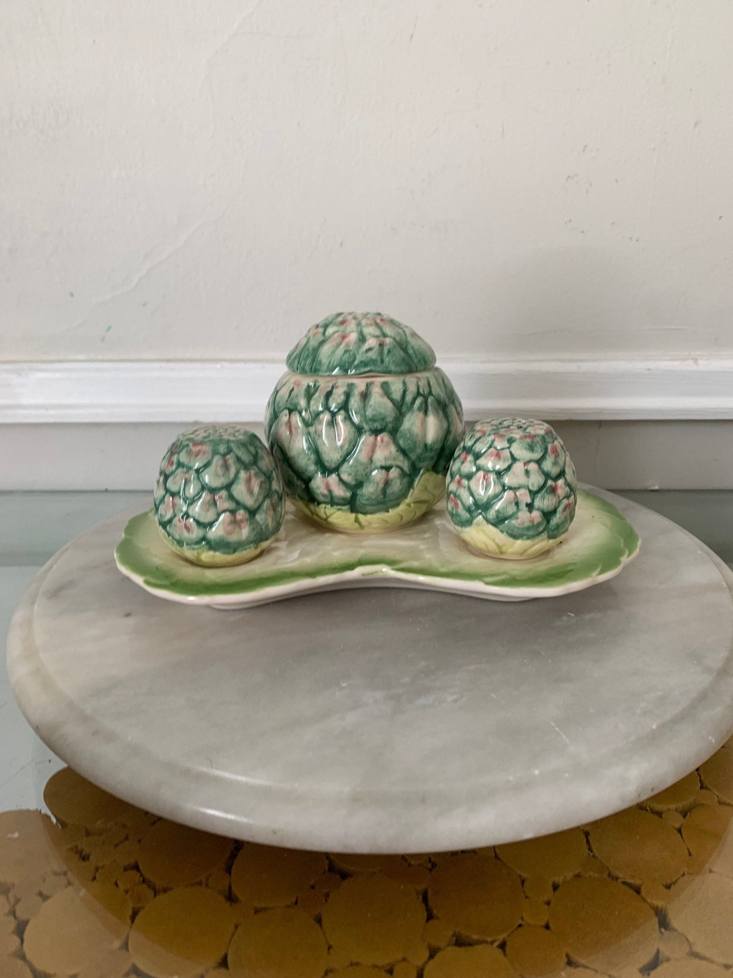 Vintage Set of 4 Pink and Green Ceramic Artichoke Salt and Pepper Sugar Set on  Plate Made in Korea