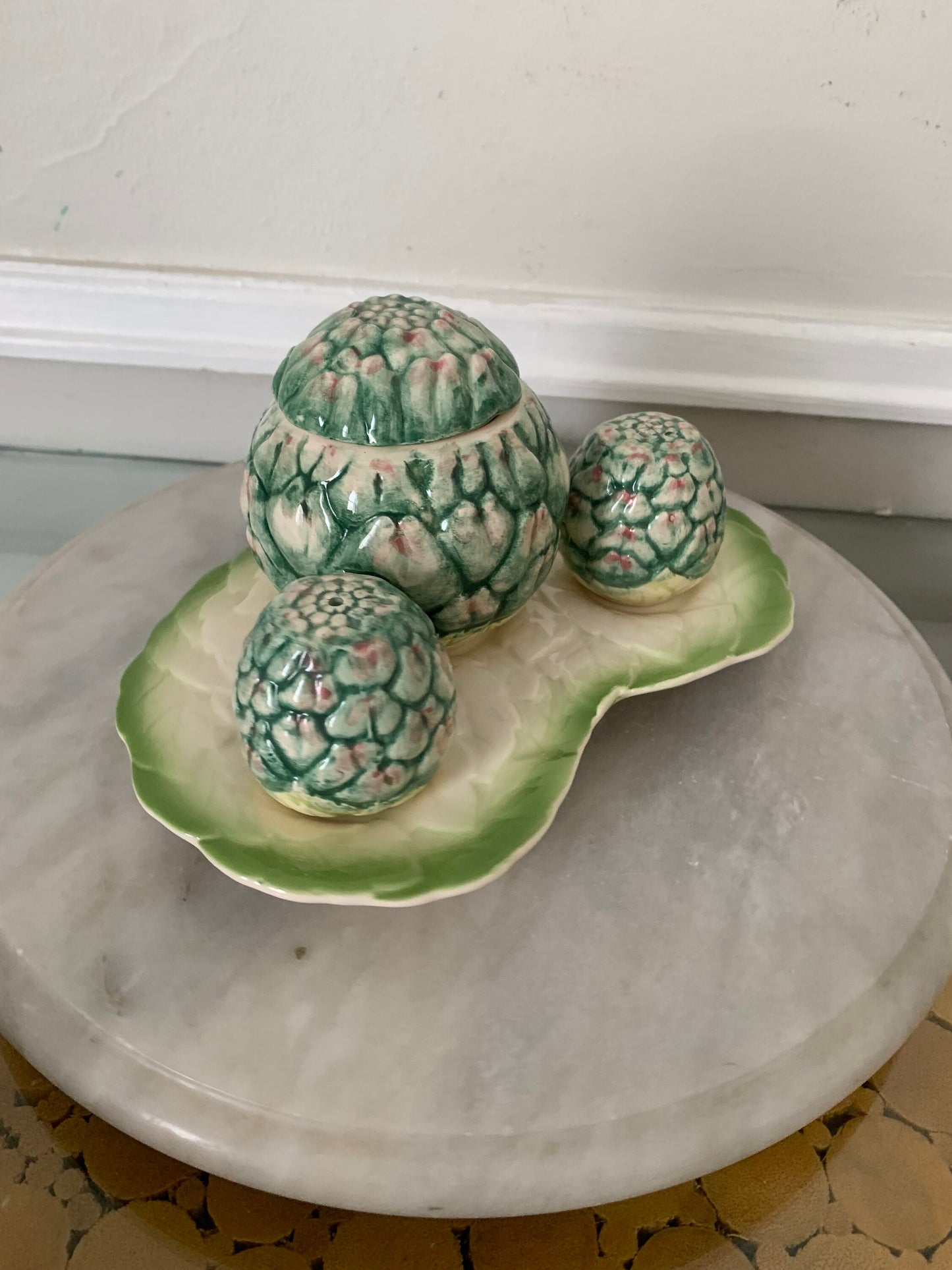 Vintage Set of 4 Pink and Green Ceramic Artichoke Salt and Pepper Sugar Set on  Plate Made in Korea