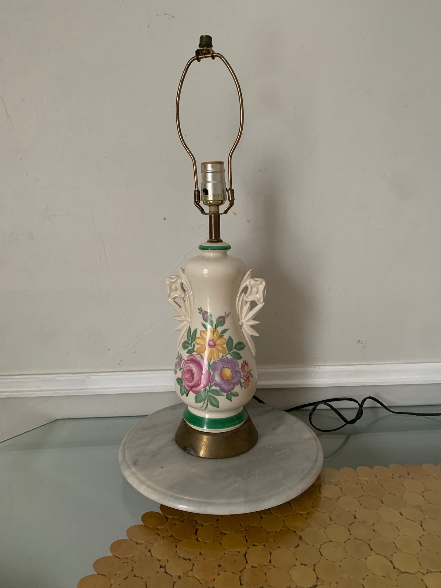 Vintage Medium Cream Ceramic Lamp with Painted Pastel Flowers Table Lamp No Shade