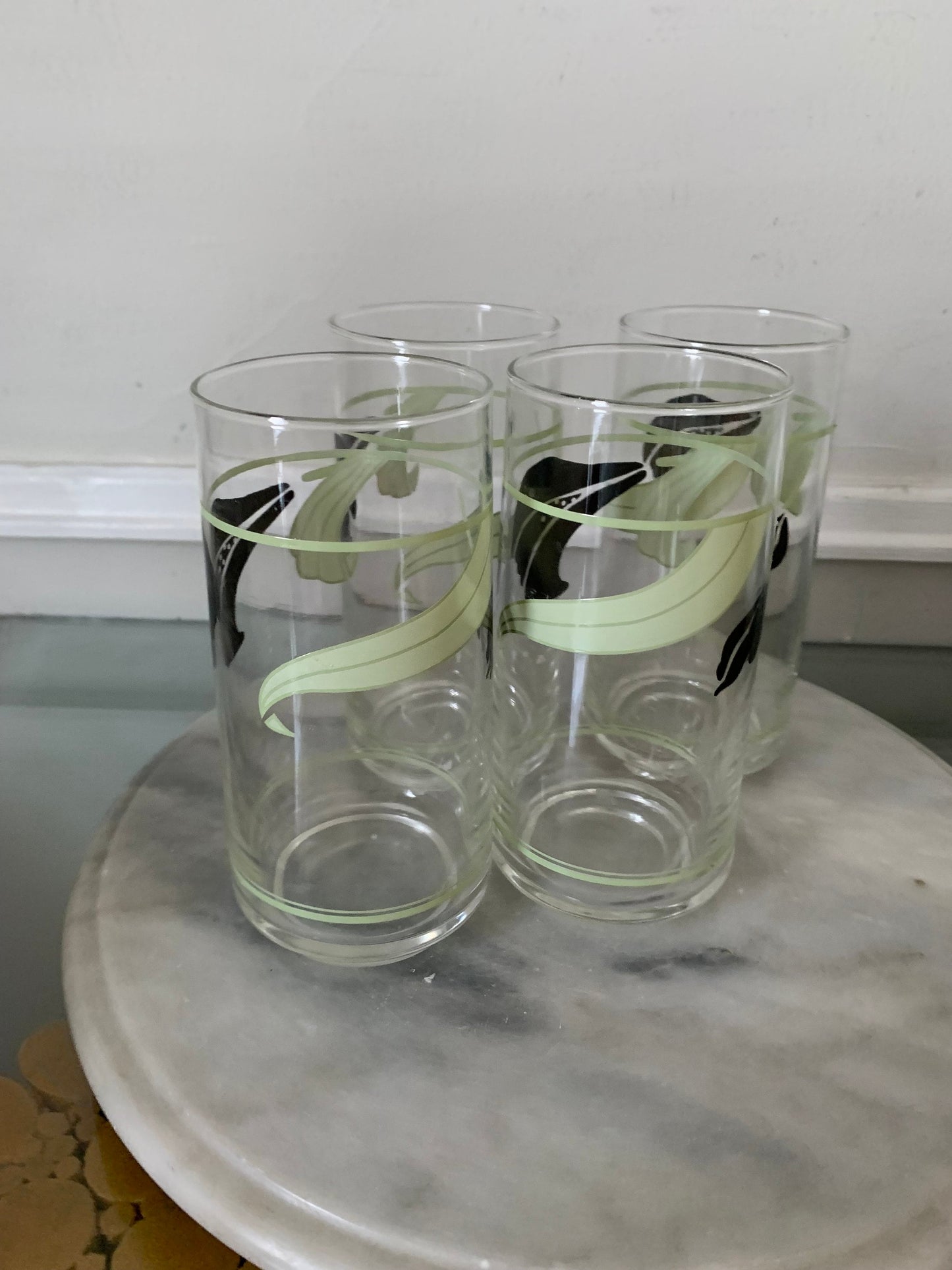 Set of 4 Retro Mint & Black Floral Glass Tumblers