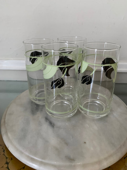 Set of 4 Retro Mint & Black Floral Glass Tumblers