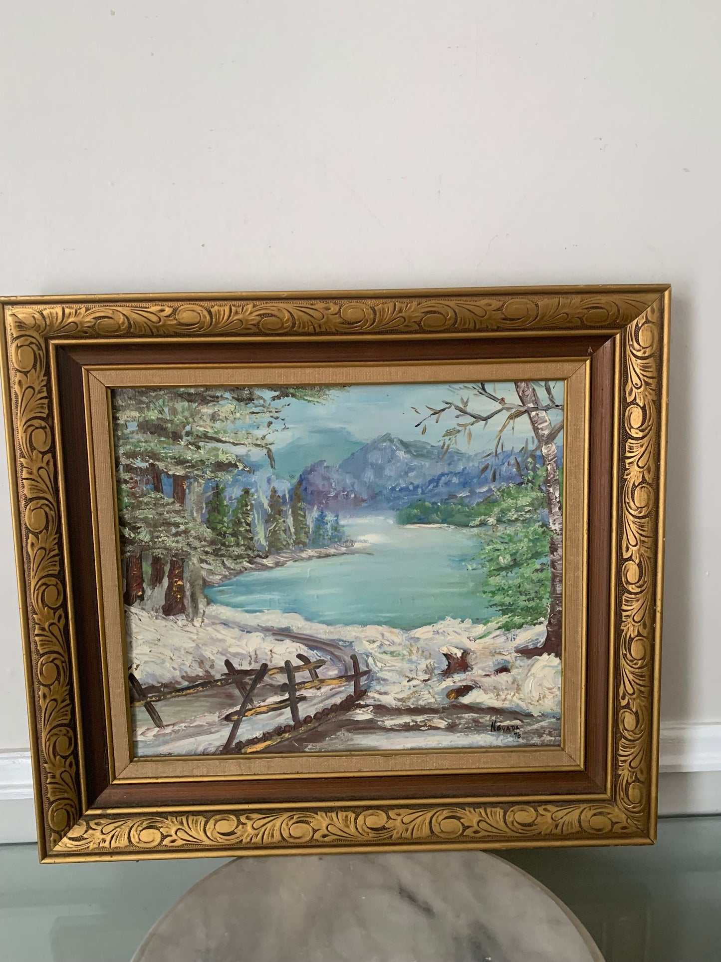 Vintage 1976 Bright Blue Winter Scene Painting in Solid Wood Frame