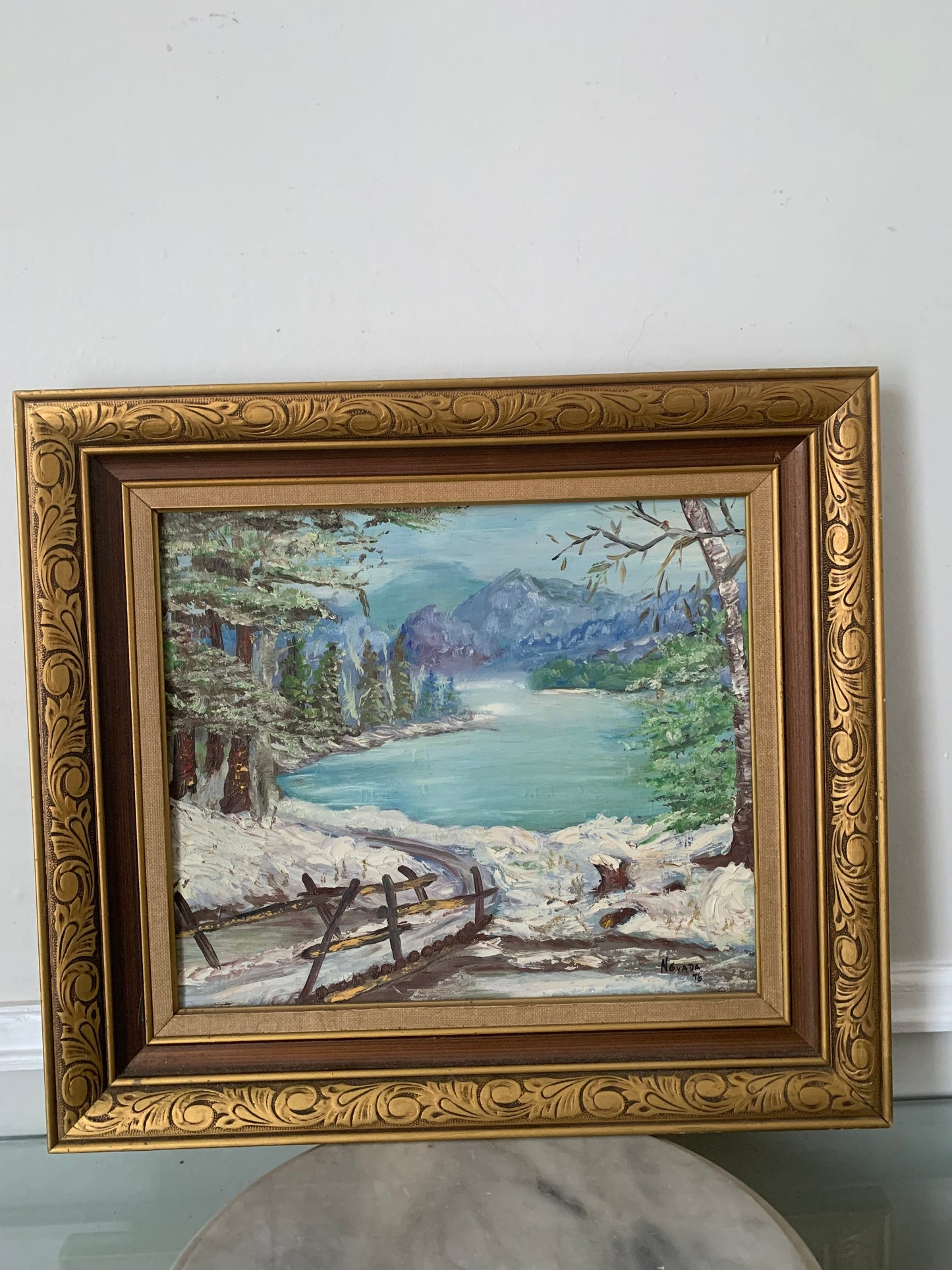 Vintage 1976 Bright Blue Winter Scene Painting in Solid Wood Frame