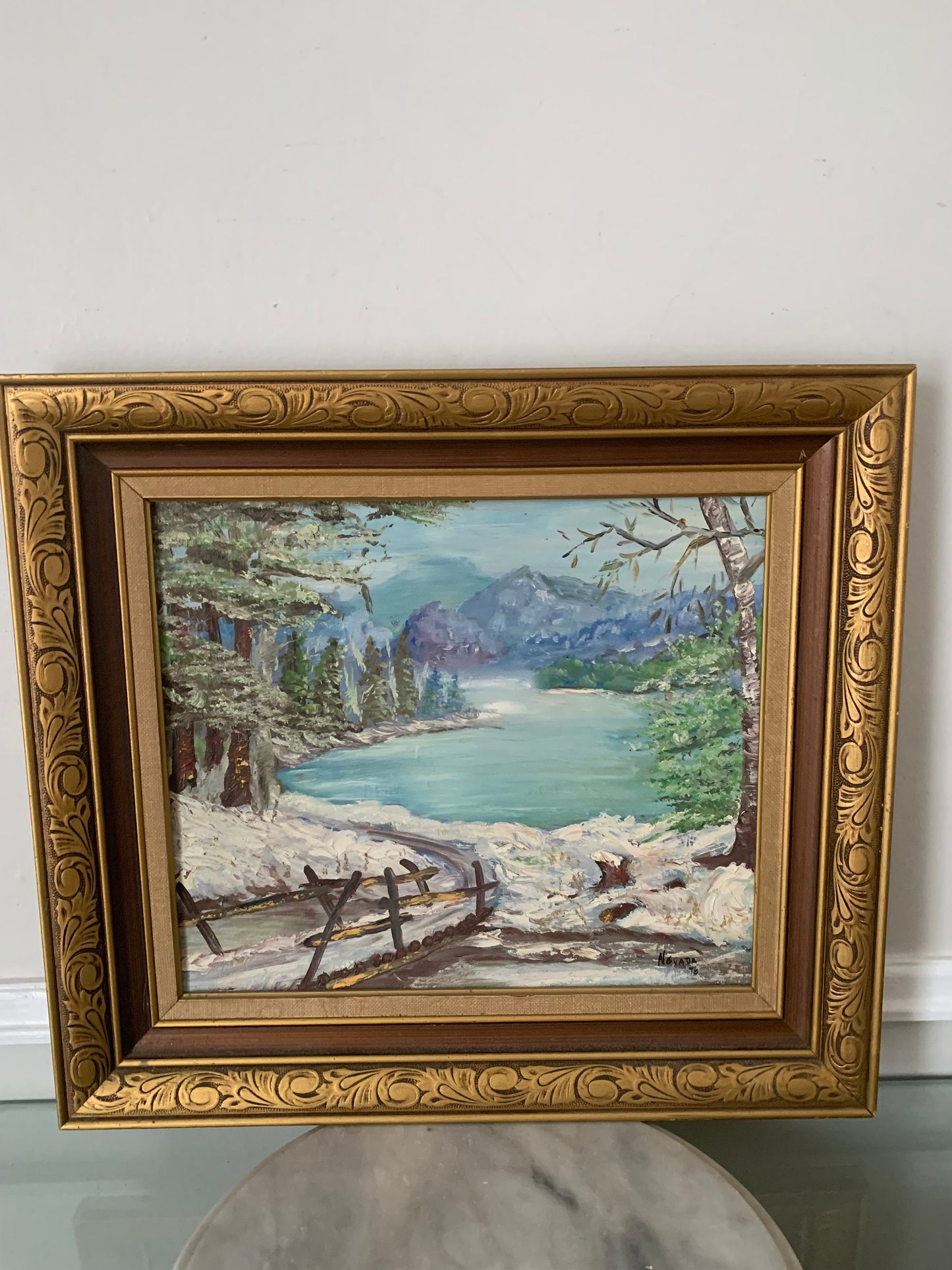 Vintage 1976 Bright Blue Winter Scene Painting in Solid Wood Frame