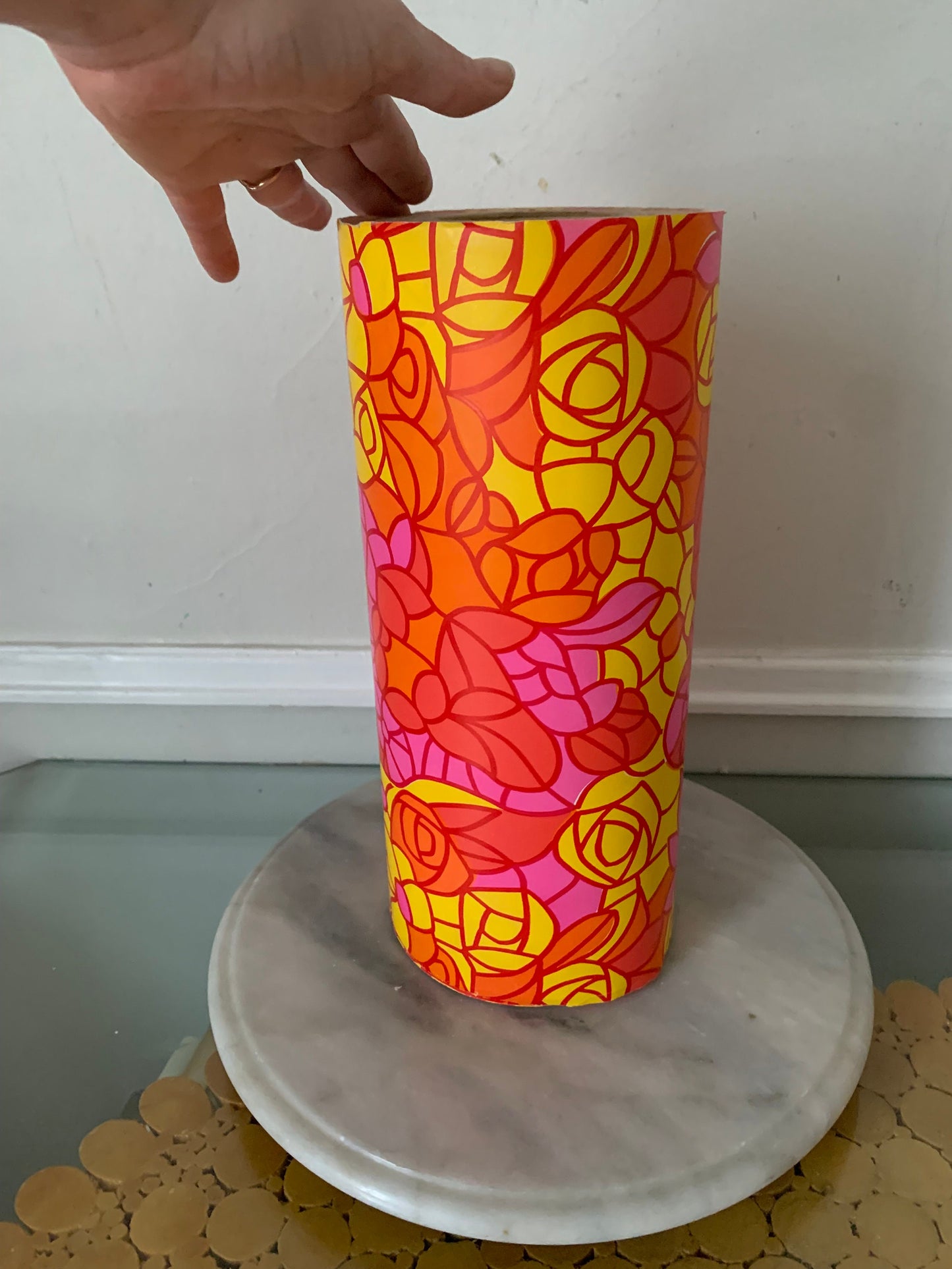 Vintage Bright Yellow Orange and Pink Floral Wrapping Paper on Wooden Spool