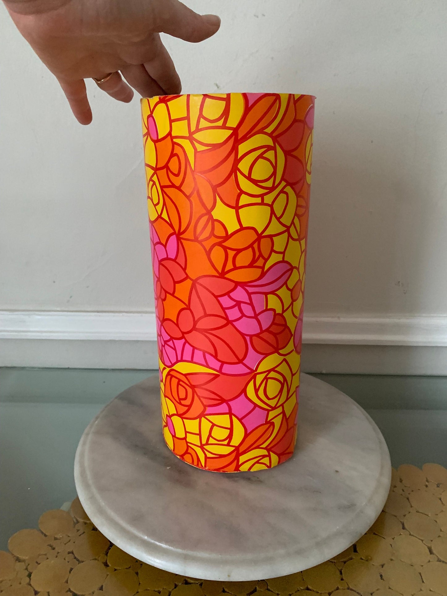 Vintage Bright Yellow Orange and Pink Floral Wrapping Paper on Wooden Spool