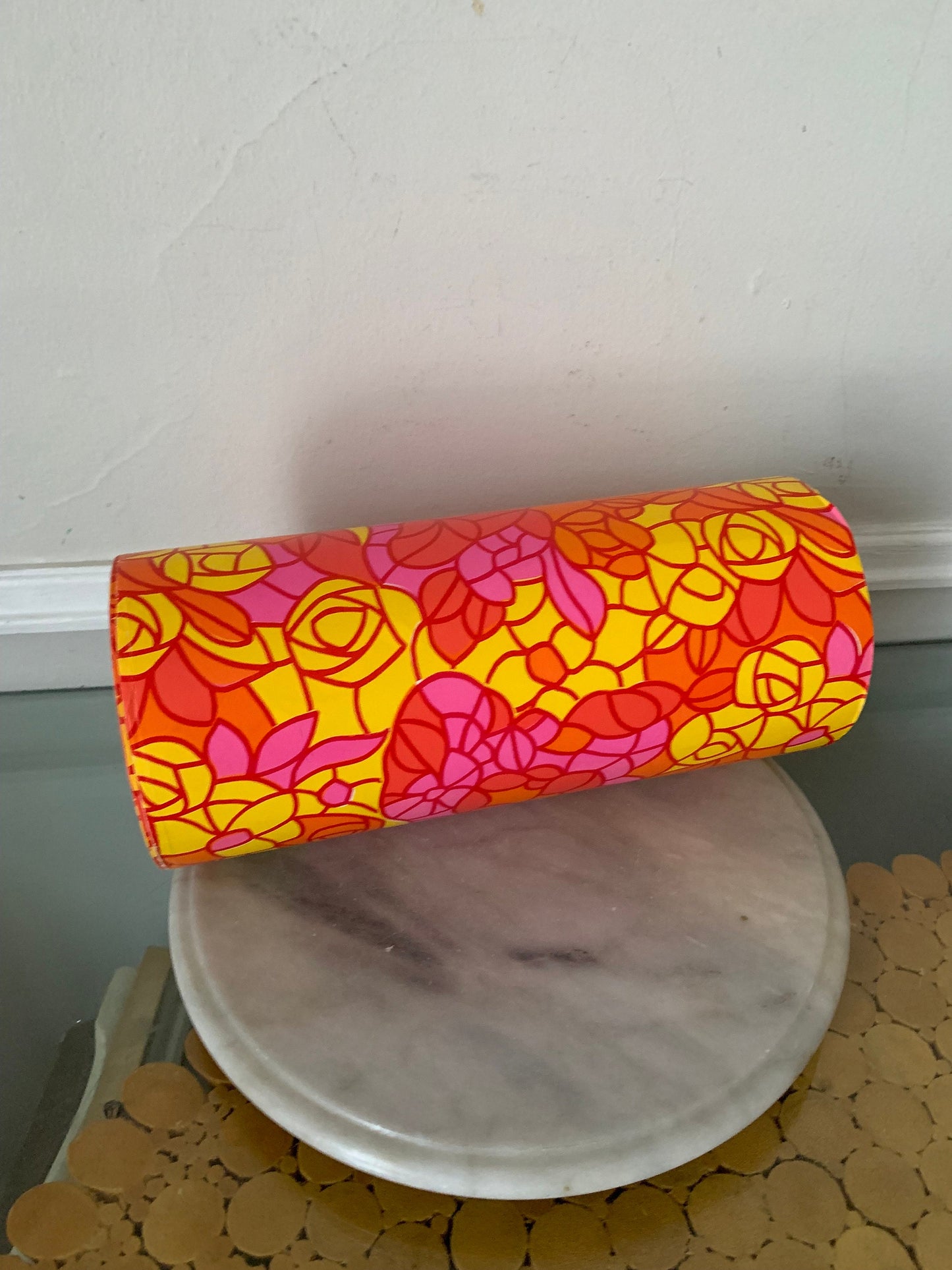 Vintage Bright Yellow Orange and Pink Floral Wrapping Paper on Wooden Spool