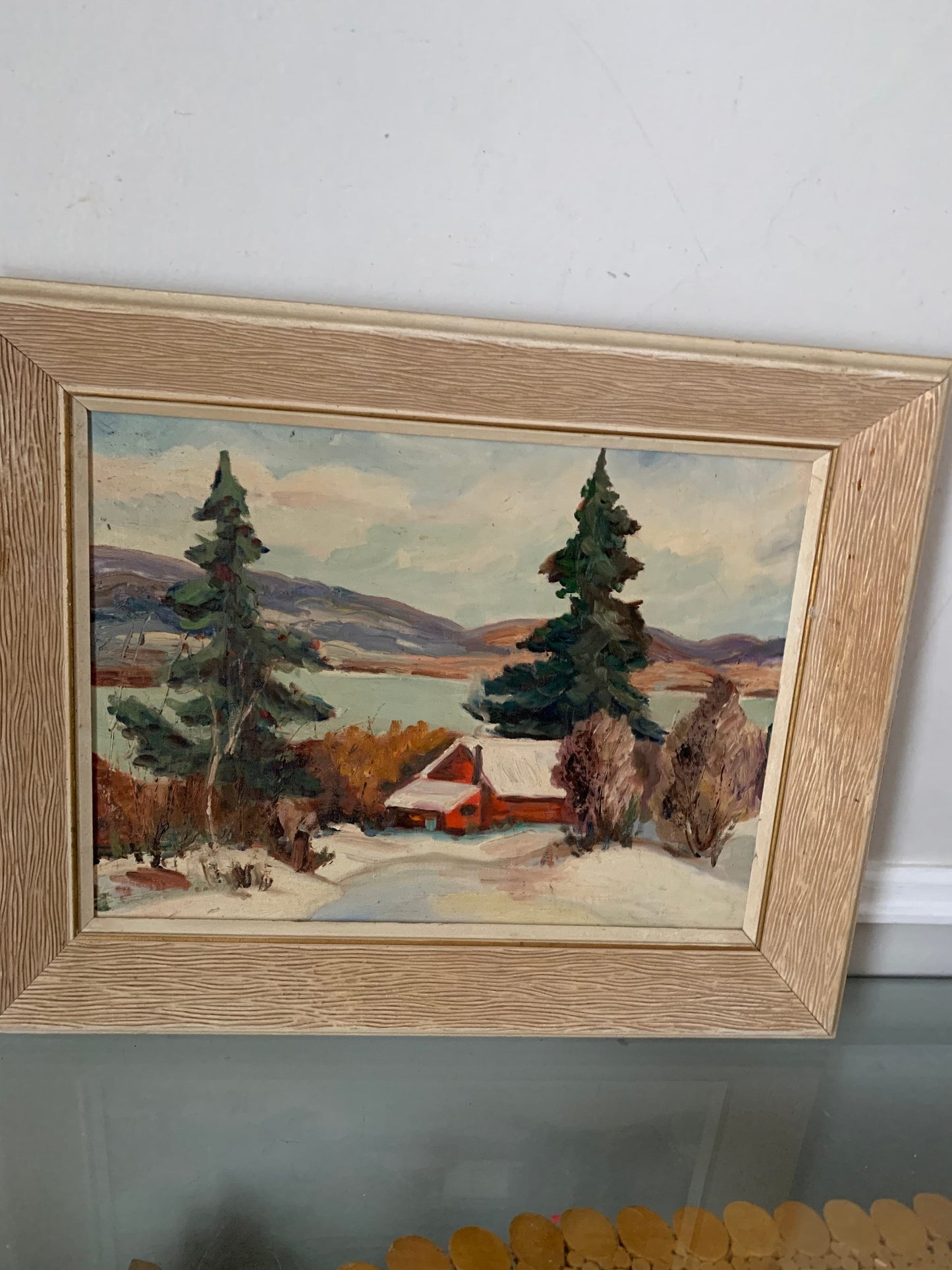 Vintage Medium Winter Land Scape Scene Painting in White Wood Frame