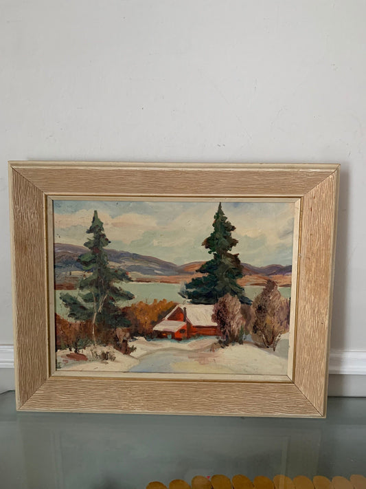 Vintage Medium Winter Land Scape Scene Painting in White Wood Frame