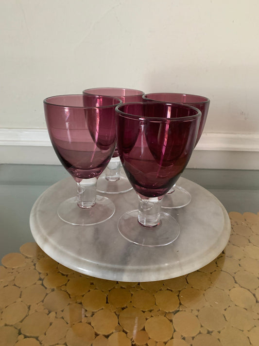 Vintage Set of 4 Thick Glass Purple Wine Glasses with Clear Stem