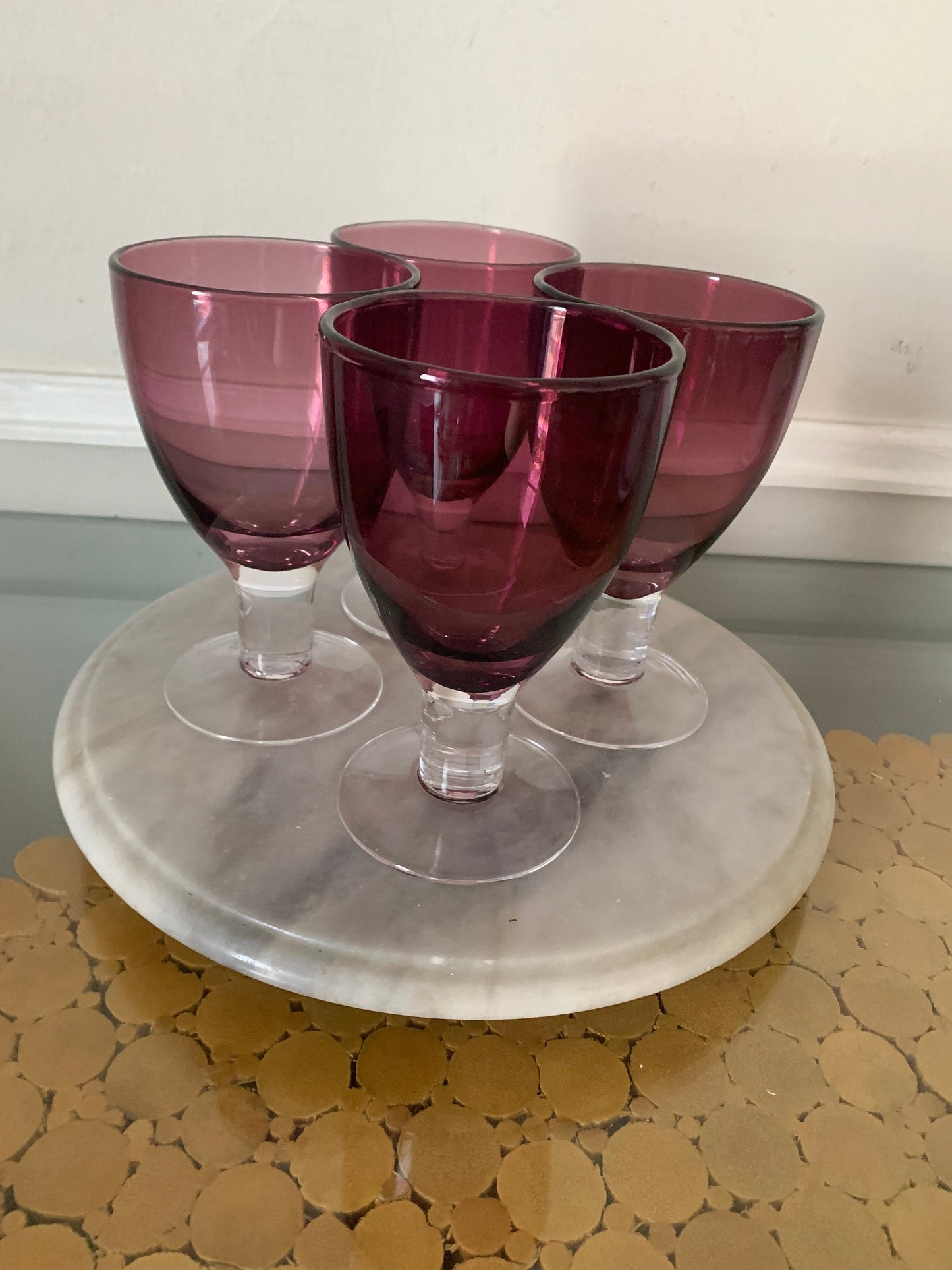 Vintage Set of 4 Thick Glass Purple Wine Glasses with Clear Stem