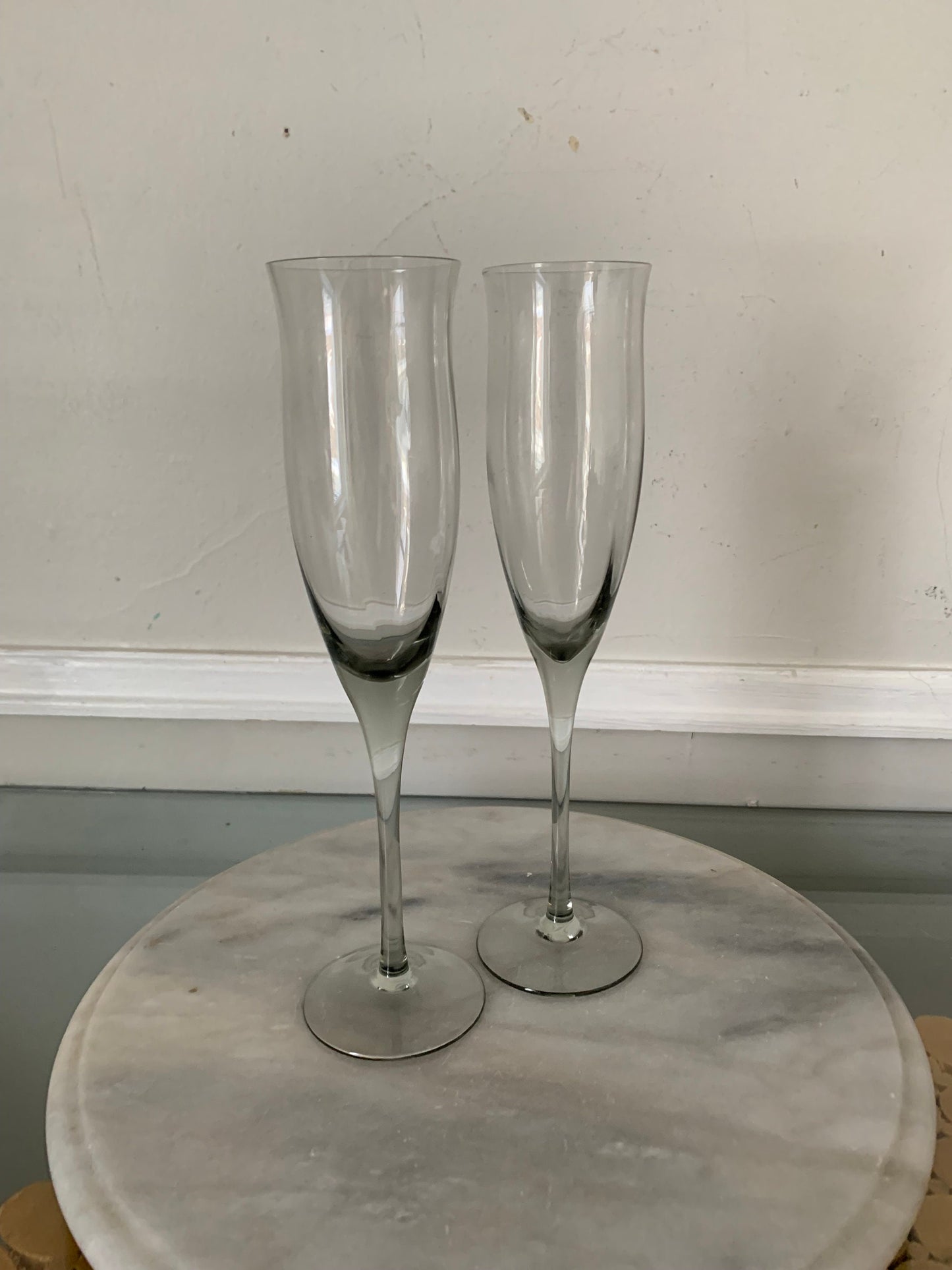 Pair of Vintage Tall  Smokey Gray Glass Champagne Flutes with Flared Lip