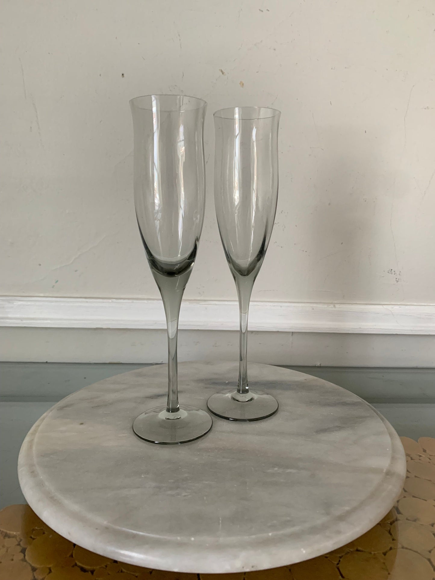 Pair of Vintage Tall  Smokey Gray Glass Champagne Flutes with Flared Lip