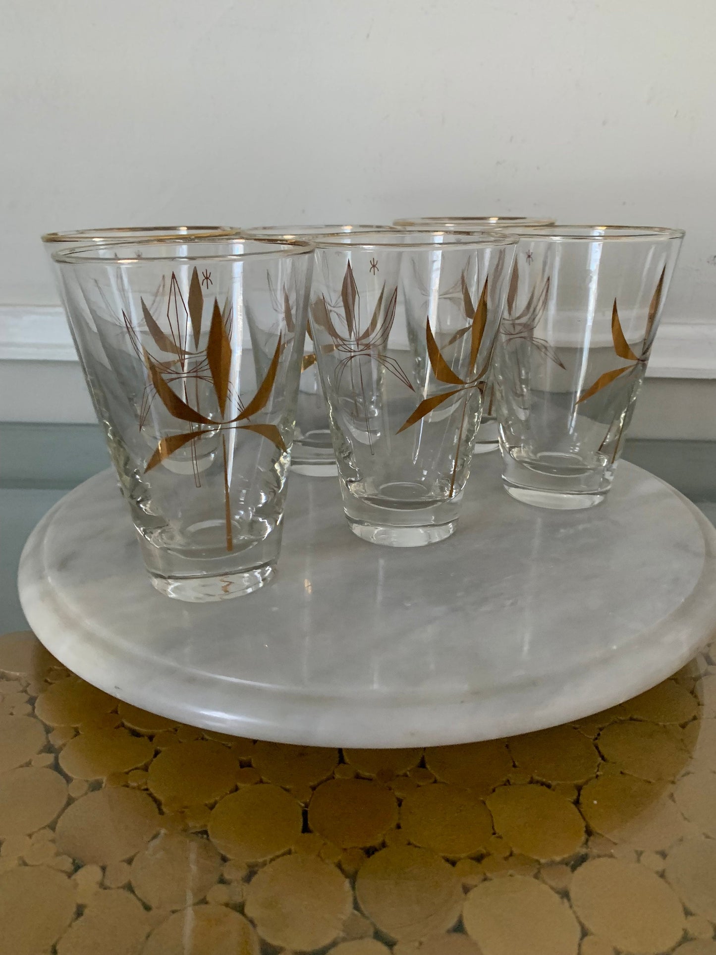 Set of 6 MCM Short Flared Lip Low Ball Tumblers with Abstract Gold Design