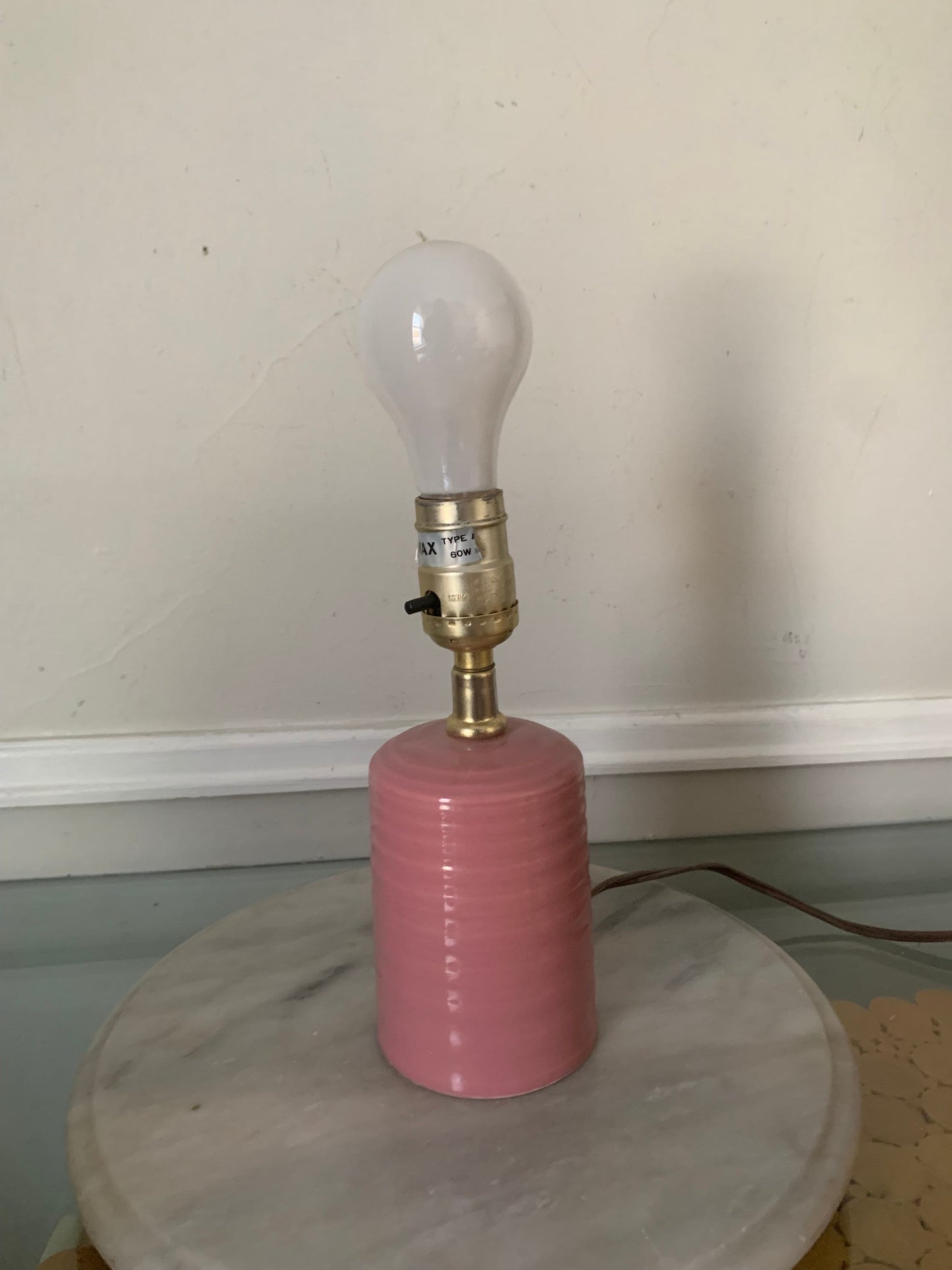 Retro Small Pink Ribbed Ceramic Lamp No Shade