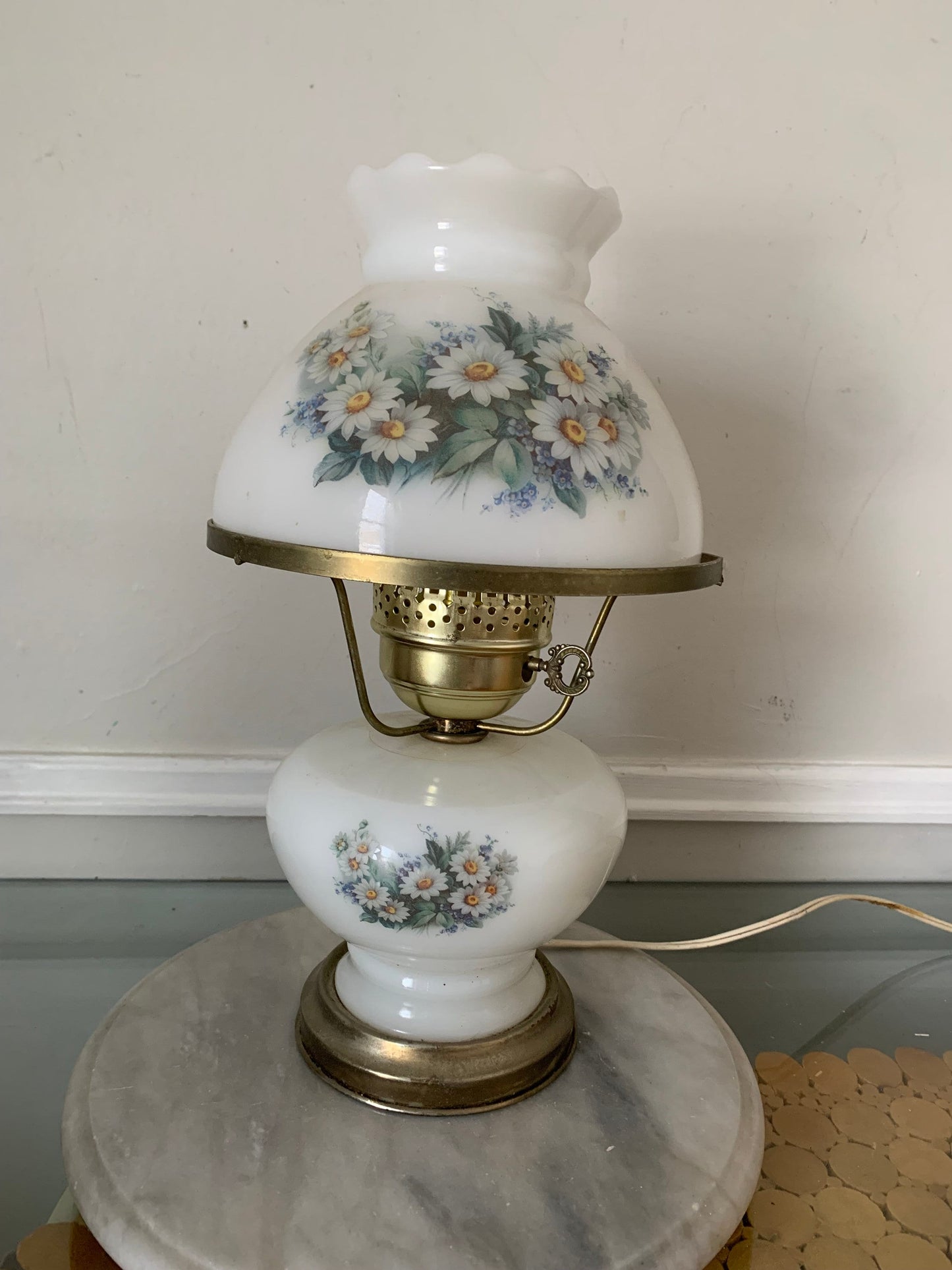 Vintage Milk Glass Lamp Hurricane Shade with Daisies and Brass Base