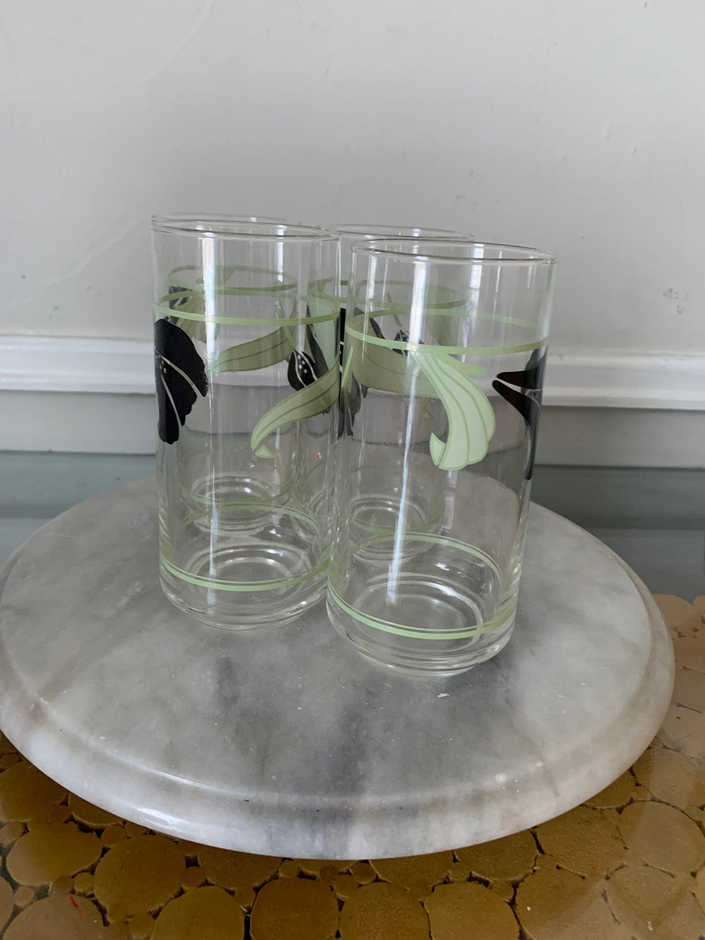 Set of 4 Retro Mint & Black Floral Glass Tumblers
